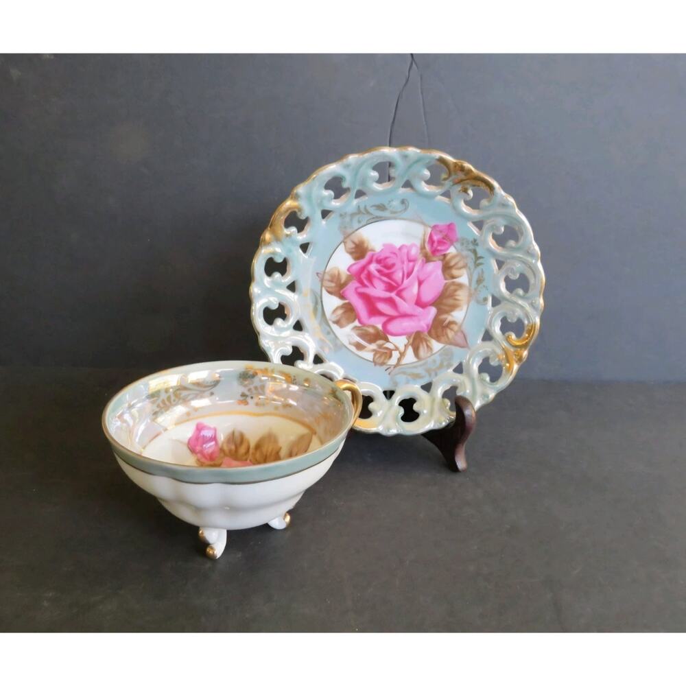 Vintage Royal Sealy Tea Cup Saucer Set Japan Pink Rose Pierced Rim Gold Trim